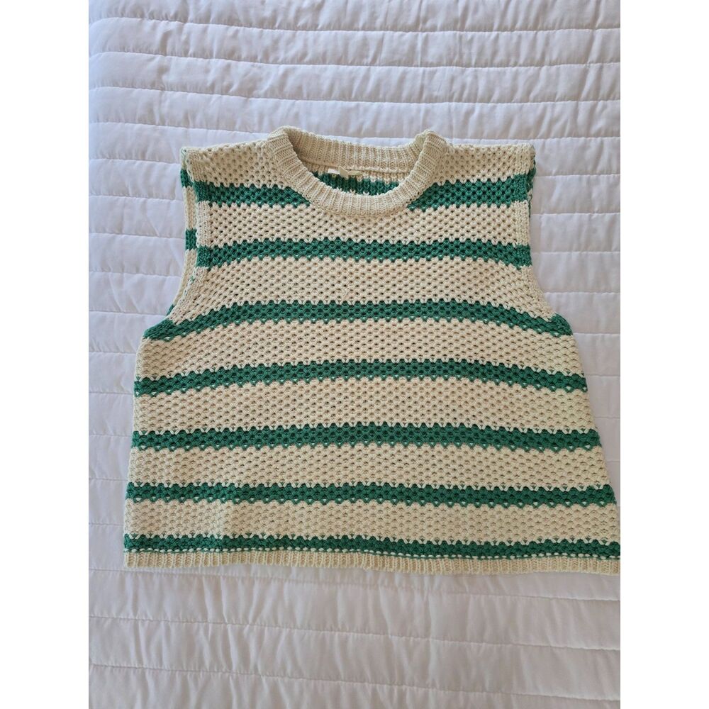 NWOT La Miel Striped Knit Sweater Vest Size L Green Cream Crochet Layering Top